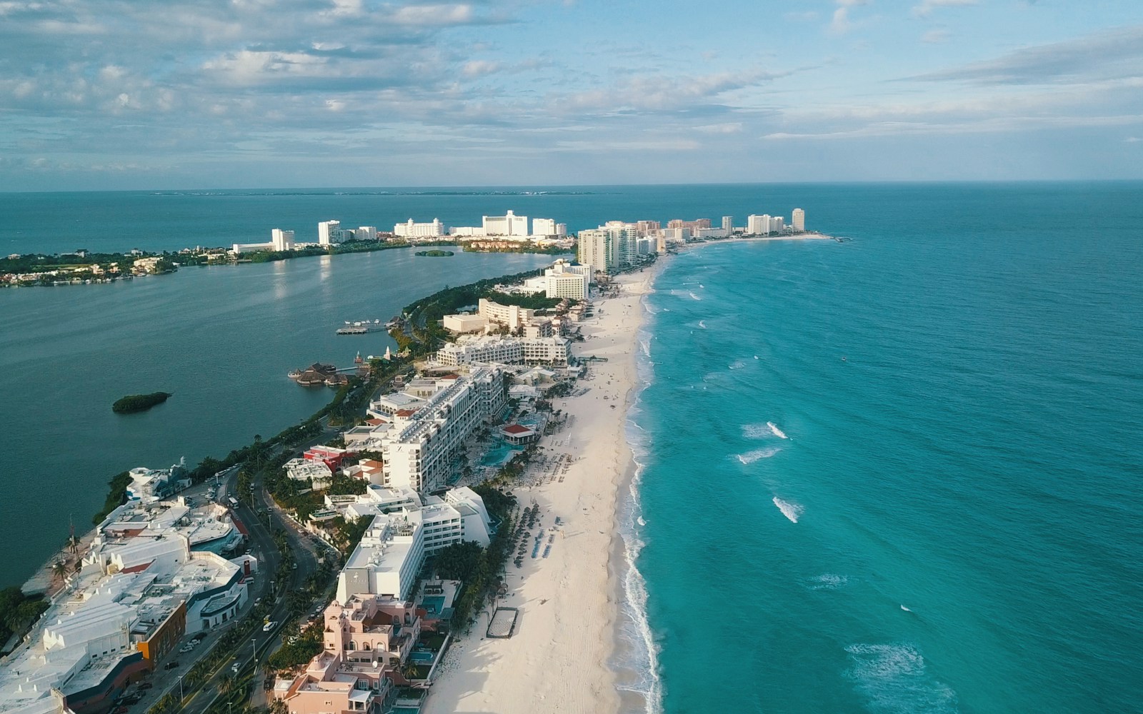 Aerial view of Cancun’s Hotel Zone and the Caribbean Sea